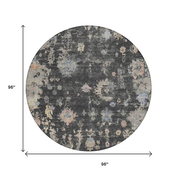 HomeRoots 8' Round Floral Indoor Outdoor Area Rug in Charcoal & Beige - Durable, Washable, Stylish & Versatile! 658389