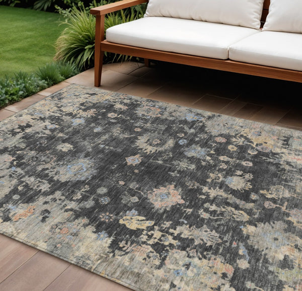 HomeRoots 9' Charcoal and Beige Floral Area Rug - Durable, Washable Design for Indoor & Outdoor Elegance 658391