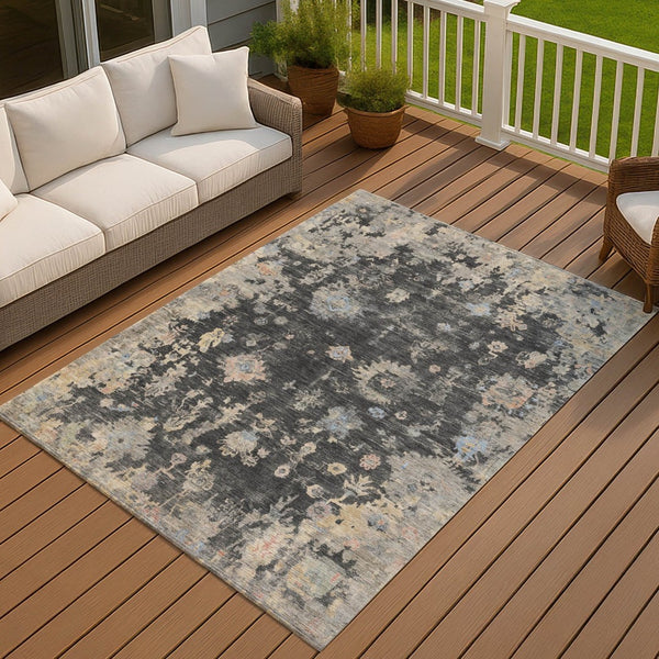 HomeRoots 9' Charcoal and Beige Floral Area Rug - Durable, Washable Design for Indoor & Outdoor Elegance 658391