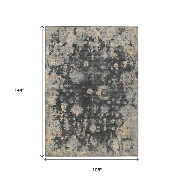 HomeRoots 9' Charcoal and Beige Floral Area Rug - Durable, Washable Design for Indoor & Outdoor Elegance 658391