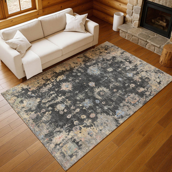 HomeRoots 9' Charcoal and Beige Floral Area Rug - Durable, Washable Design for Indoor & Outdoor Elegance 658391