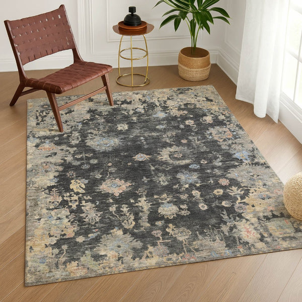 HomeRoots 9' Charcoal and Beige Floral Area Rug - Durable, Washable Design for Indoor & Outdoor Elegance 658391