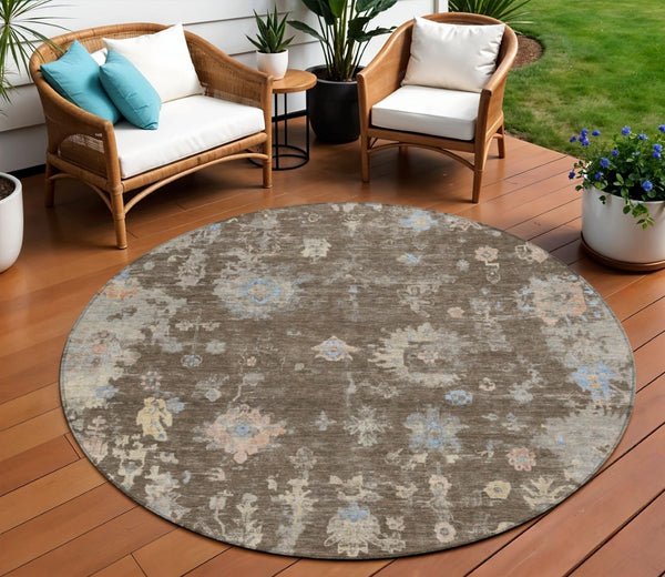 HomeRoots 8' Round Floral Area Rug in Chocolate & Beige - Machine Washable for Indoor & Outdoor Use, Durable & Stylish 658395