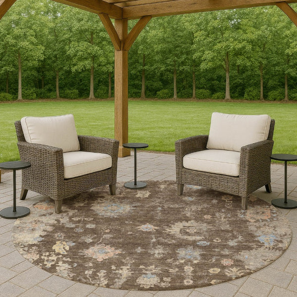HomeRoots 8' Round Floral Area Rug in Chocolate & Beige - Machine Washable for Indoor & Outdoor Use, Durable & Stylish 658395