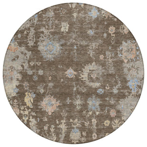 HomeRoots 8' Round Floral Area Rug in Chocolate & Beige - Machine Washable for Indoor & Outdoor Use, Durable & Stylish 658395