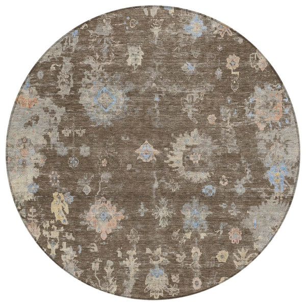 HomeRoots 8' Round Floral Area Rug in Chocolate & Beige - Machine Washable for Indoor & Outdoor Use, Durable & Stylish 658395