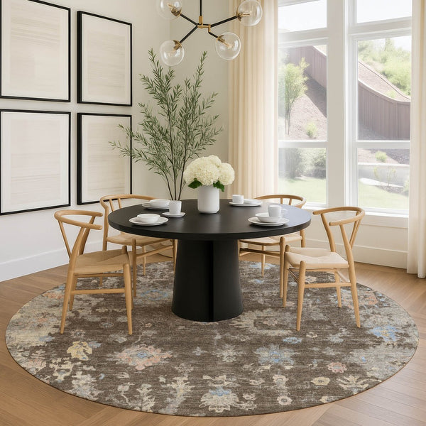HomeRoots 8' Round Floral Area Rug in Chocolate & Beige - Machine Washable for Indoor & Outdoor Use, Durable & Stylish 658395