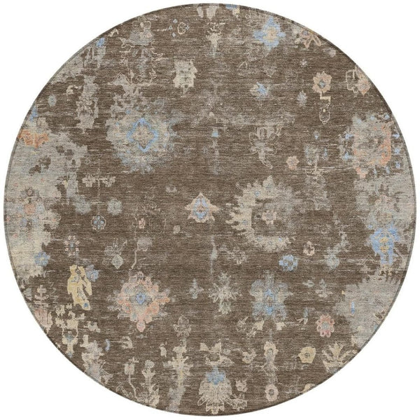 HomeRoots 8' Round Floral Area Rug in Chocolate & Beige - Machine Washable for Indoor & Outdoor Use, Durable & Stylish 658395
