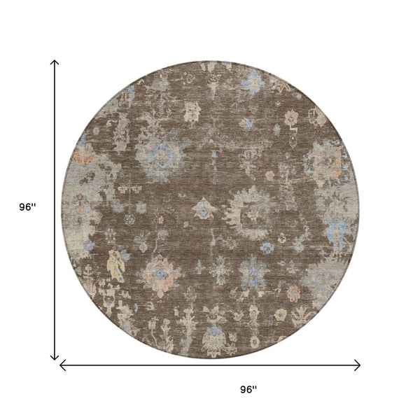 HomeRoots 8' Round Floral Area Rug in Chocolate & Beige - Machine Washable for Indoor & Outdoor Use, Durable & Stylish 658395