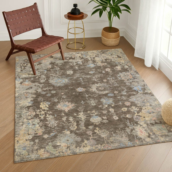 HomeRoots 9' X 12' Classic Chocolate & Beige Floral Area Rug - Washable, Durable for Indoor/Outdoor Spaces 658397