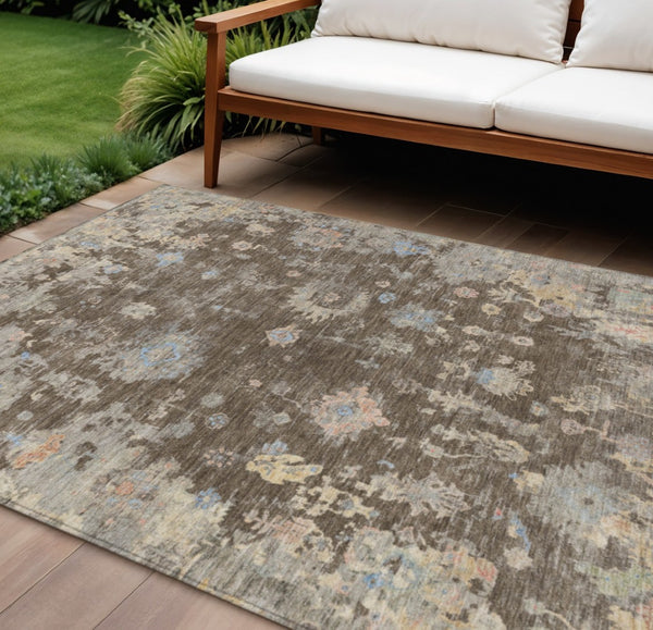 HomeRoots 10' Chocolate and Beige Floral Washable Area Rug - Durable Indoor/Outdoor Comfort for High Traffic Spaces 658398