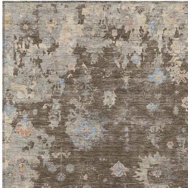 HomeRoots 10' Chocolate and Beige Floral Washable Area Rug - Durable Indoor/Outdoor Comfort for High Traffic Spaces 658398