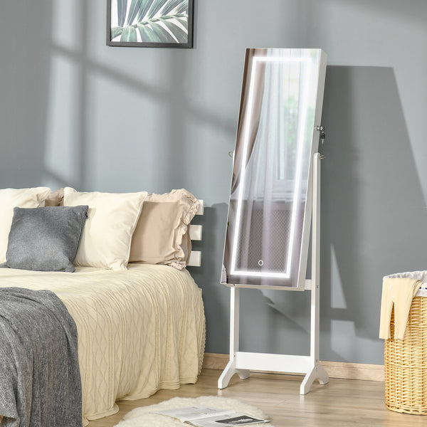 English Elm HOMCOM Lockable Floor Jewelry Armoire with LED Lights, Full-Length Mirror, 100+ Slots & Shelves White W2225P217021