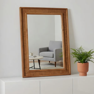 English Elm Natural Rattan Wrapped Solid Wood Rectangular Mirror Handcrafted Farmhouse Bathroom Entryway Yellowish-Brown W2203P436619