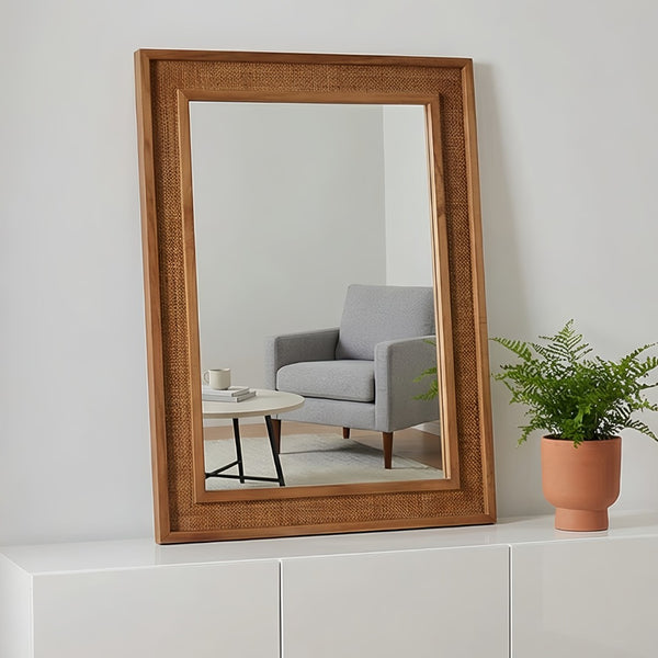 English Elm Natural Rattan Wrapped Solid Wood Rectangular Mirror Handcrafted Farmhouse Bathroom Entryway Yellowish-Brown W2203P436619