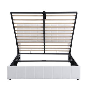 English Elm Queen Linen Upholstered Platform Bed with Hydraulic Lift Storage and Padded Headboard N708P201552K