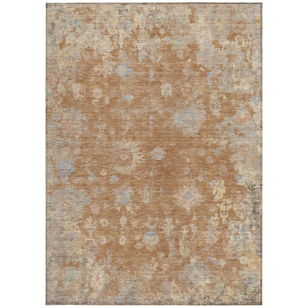HomeRoots 5' Copper and Beige Floral Washable Area Rug – Durable, Stain-Resistant for Indoor & Outdoor Use 658400