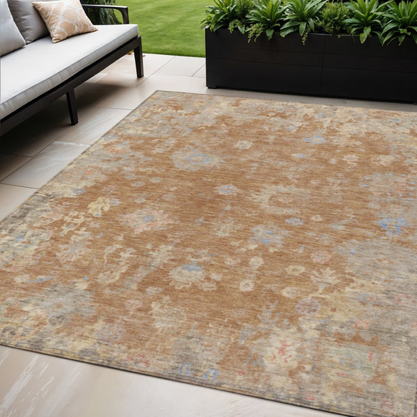 HomeRoots 5' Copper and Beige Floral Washable Area Rug – Durable, Stain-Resistant for Indoor & Outdoor Use 658400