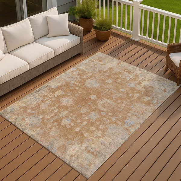 HomeRoots 5' Copper and Beige Floral Washable Area Rug – Durable, Stain-Resistant for Indoor & Outdoor Use 658400