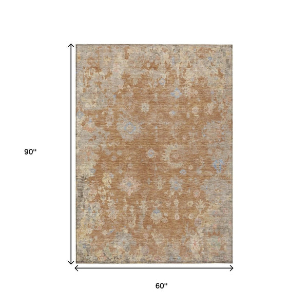 HomeRoots 5' Copper and Beige Floral Washable Area Rug – Durable, Stain-Resistant for Indoor & Outdoor Use 658400