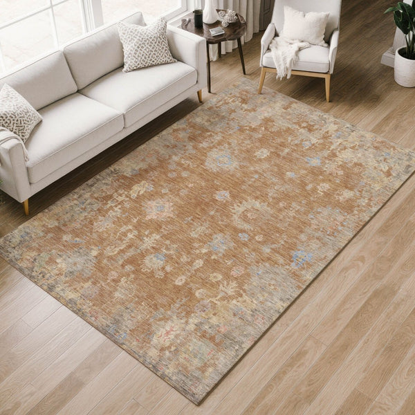 HomeRoots 5' Copper and Beige Floral Washable Area Rug – Durable, Stain-Resistant for Indoor & Outdoor Use 658400