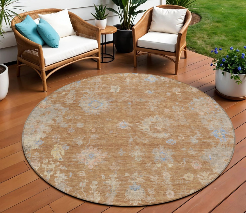 HomeRoots 8' Copper and Beige Round Floral Area Rug - Stylish, Washable, Indoor/Outdoor for Any Space 658401