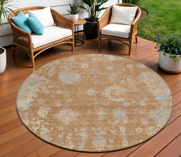 HomeRoots 8' Copper and Beige Round Floral Area Rug - Stylish, Washable, Indoor/Outdoor for Any Space 658401