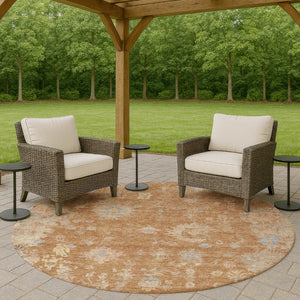 HomeRoots 8' Copper and Beige Round Floral Area Rug - Stylish, Washable, Indoor/Outdoor for Any Space 658401