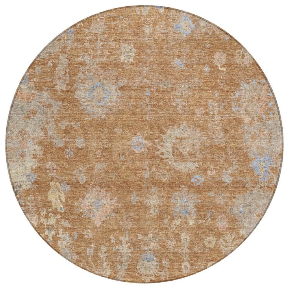 HomeRoots 8' Copper and Beige Round Floral Area Rug - Stylish, Washable, Indoor/Outdoor for Any Space 658401
