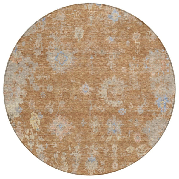 HomeRoots 8' Copper and Beige Round Floral Area Rug - Stylish, Washable, Indoor/Outdoor for Any Space 658401