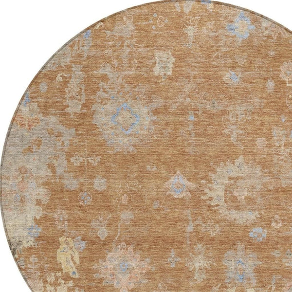 HomeRoots 8' Copper and Beige Round Floral Area Rug - Stylish, Washable, Indoor/Outdoor for Any Space 658401