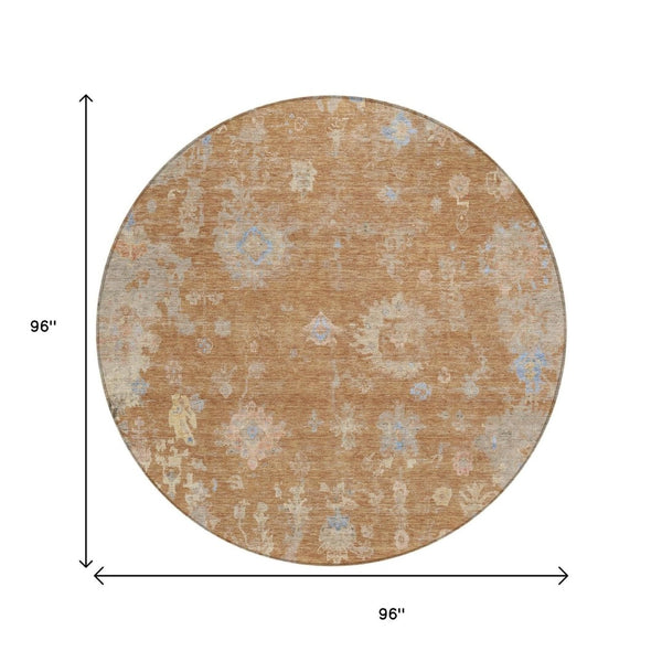 HomeRoots 8' Copper and Beige Round Floral Area Rug - Stylish, Washable, Indoor/Outdoor for Any Space 658401