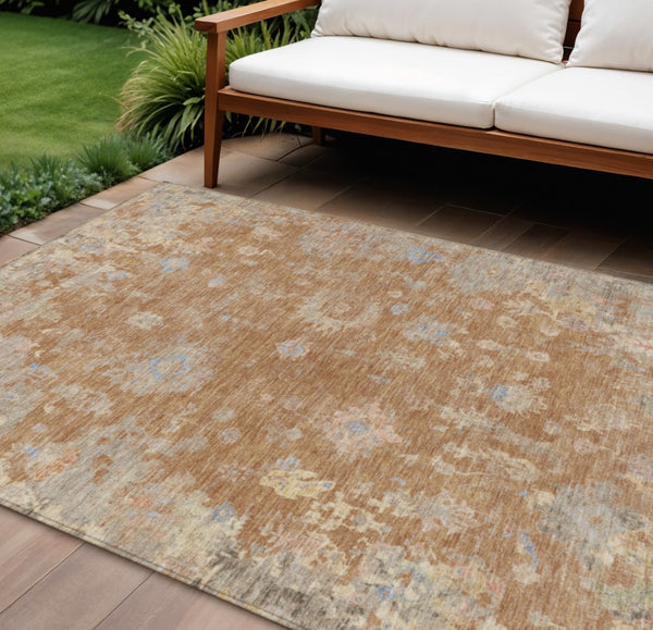 HomeRoots 10' Copper & Beige Floral Washable Area Rug - Durable Indoor/Outdoor Design for High-Traffic Spaces 658404