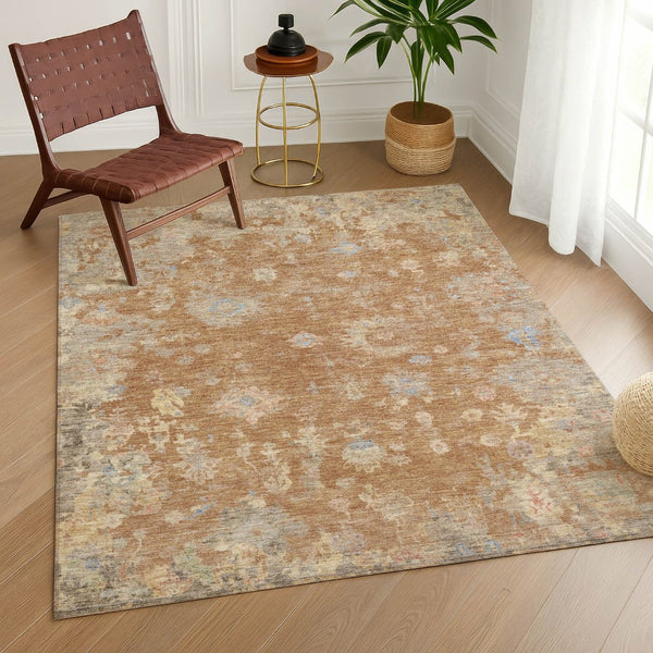 HomeRoots 10' Copper & Beige Floral Washable Area Rug - Durable Indoor/Outdoor Design for High-Traffic Spaces 658404