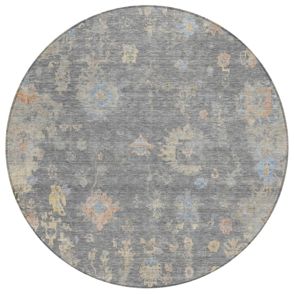 HomeRoots 8' Round Floral Washable Area Rug in Gray and Beige – Perfect for Indoor/Outdoor Living Spaces! 658407
