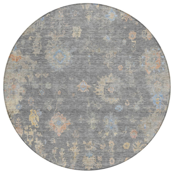 HomeRoots 8' Round Floral Washable Area Rug in Gray and Beige – Perfect for Indoor/Outdoor Living Spaces! 658407
