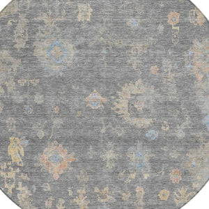 HomeRoots 8' Round Floral Washable Area Rug in Gray and Beige – Perfect for Indoor/Outdoor Living Spaces! 658407