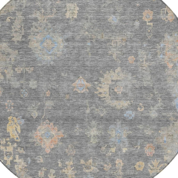 HomeRoots 8' Round Floral Washable Area Rug in Gray and Beige – Perfect for Indoor/Outdoor Living Spaces! 658407