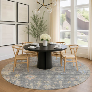HomeRoots 8' Round Floral Washable Area Rug in Gray and Beige – Perfect for Indoor/Outdoor Living Spaces! 658407