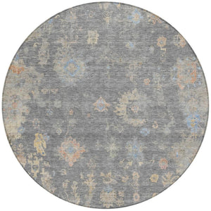 HomeRoots 8' Round Floral Washable Area Rug in Gray and Beige – Perfect for Indoor/Outdoor Living Spaces! 658407