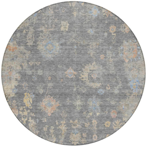 HomeRoots 8' Round Floral Washable Area Rug in Gray and Beige – Perfect for Indoor/Outdoor Living Spaces! 658407