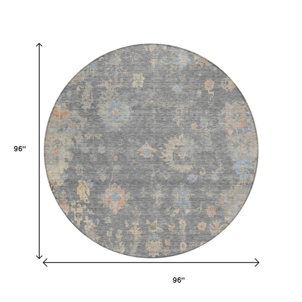 HomeRoots 8' Round Floral Washable Area Rug in Gray and Beige – Perfect for Indoor/Outdoor Living Spaces! 658407