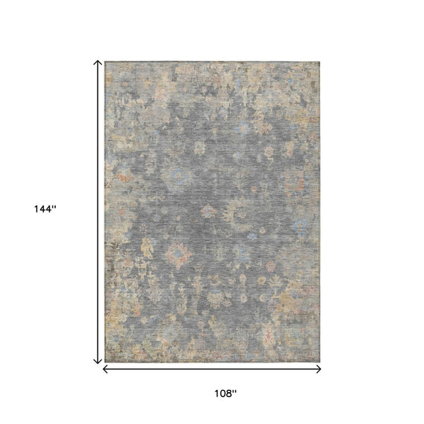 HomeRoots 9' X 12' Gray and Beige Floral Area Rug - Machine Washable, Indoor/Outdoor, Durable, Stain-Resistant Design 658409