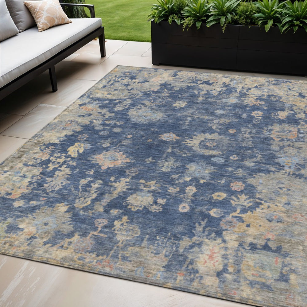 HomeRoots 5' Indoor Outdoor Washable Area Rug - Timeless Navy Gray Beige Floral Design for Any Space 658412