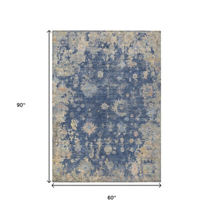 HomeRoots 5' Indoor Outdoor Washable Area Rug - Timeless Navy Gray Beige Floral Design for Any Space 658412