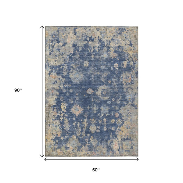 HomeRoots 5' Indoor Outdoor Washable Area Rug - Timeless Navy Gray Beige Floral Design for Any Space 658412