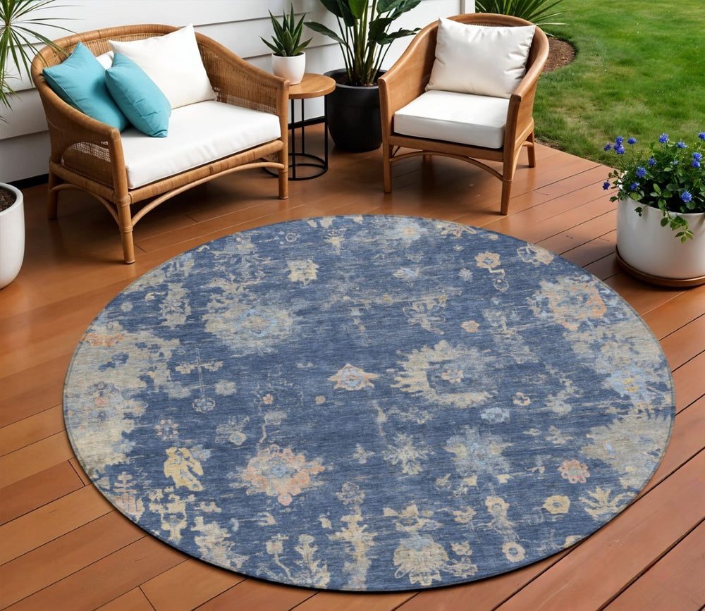 HomeRoots 8' Elegant Navy Blue, Gray & Beige Round Floral Rug - Washable, Durable & Ideal for High-Traffic Areas 658413