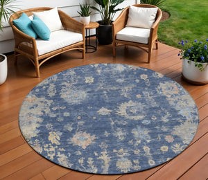 HomeRoots 8' Elegant Navy Blue, Gray & Beige Round Floral Rug - Washable, Durable & Ideal for High-Traffic Areas 658413