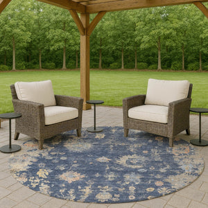 HomeRoots 8' Elegant Navy Blue, Gray & Beige Round Floral Rug - Washable, Durable & Ideal for High-Traffic Areas 658413