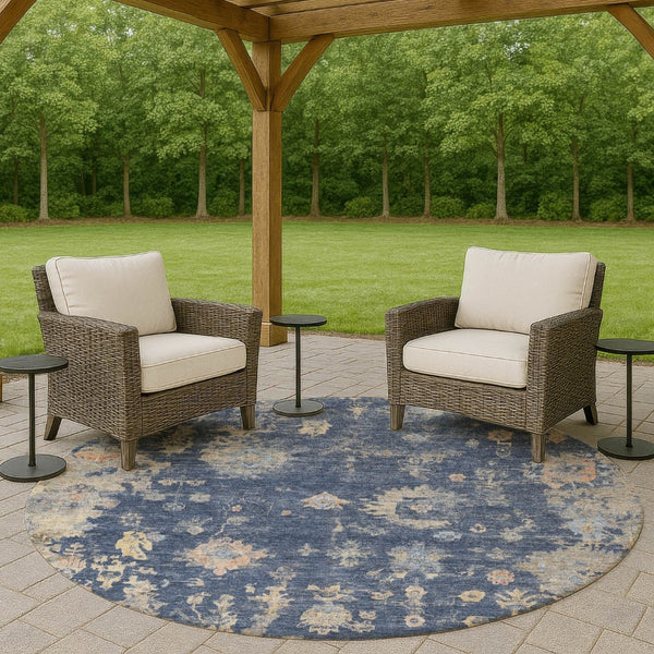 HomeRoots 8' Elegant Navy Blue, Gray & Beige Round Floral Rug - Washable, Durable & Ideal for High-Traffic Areas 658413